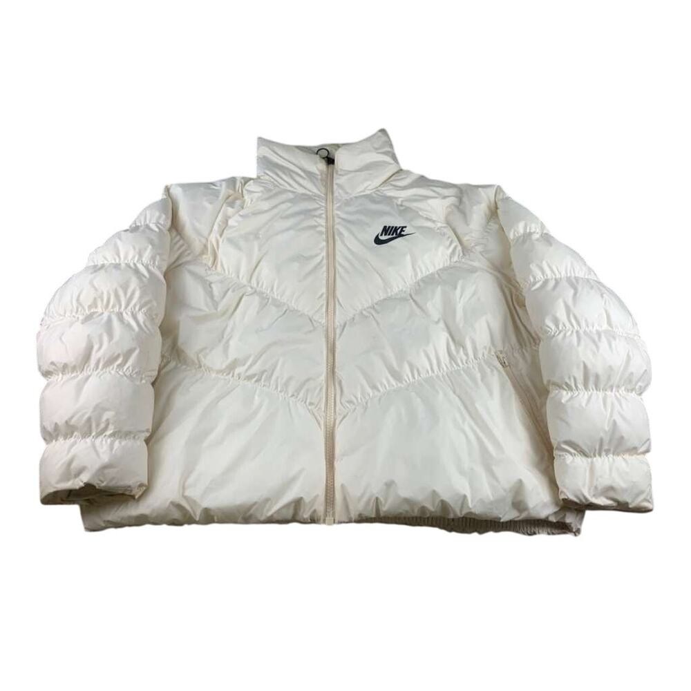 Nike Puffer Jacket Women XXL Ivory Zip Front Stand Collar Quilted Embroider Logo